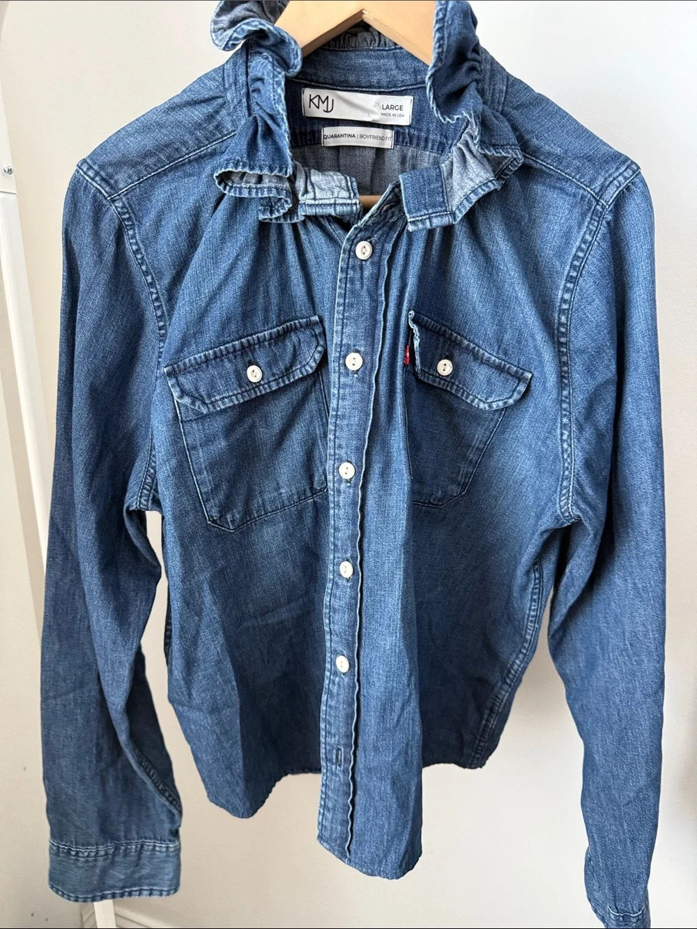 KML Ruffled Collar Denim Button-Up Shirt - Blue Size L - Picture 5 of 10
